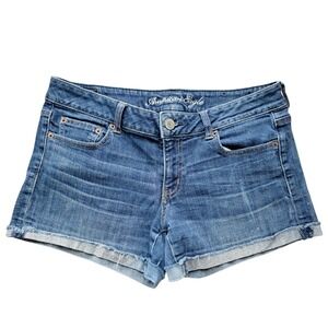 American Eagle Womens Blue Denim Shorts Medium Wash Cuffed Raw Hem Size 12 3686